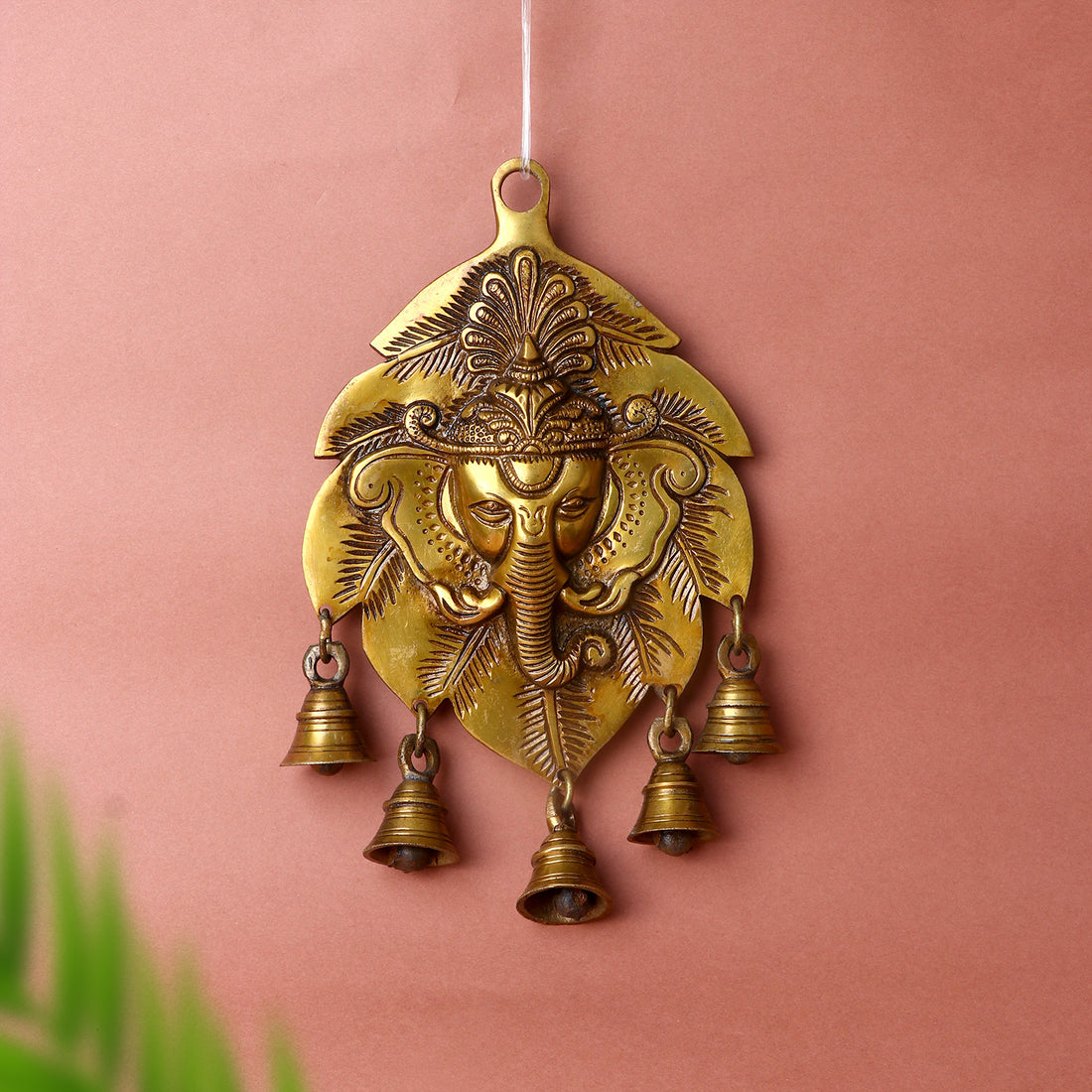 9 Inch Brass Decorative Ganesh Wall Hanging (Leaf Shape)