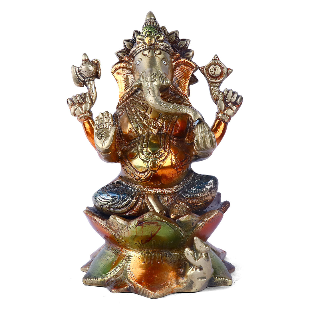 Laxmi Ganesh colorful Murti, which is constructed of virgin-quality brass for persistent use, is a symbol of successful marriages, happiness, and tranquility in relationships. Handmade items created by Indian artisans using contemporary design. Ideal as a gift for an anniversary, wedding, reception, office party, housewarming, home inauguration, or as a farewell present.