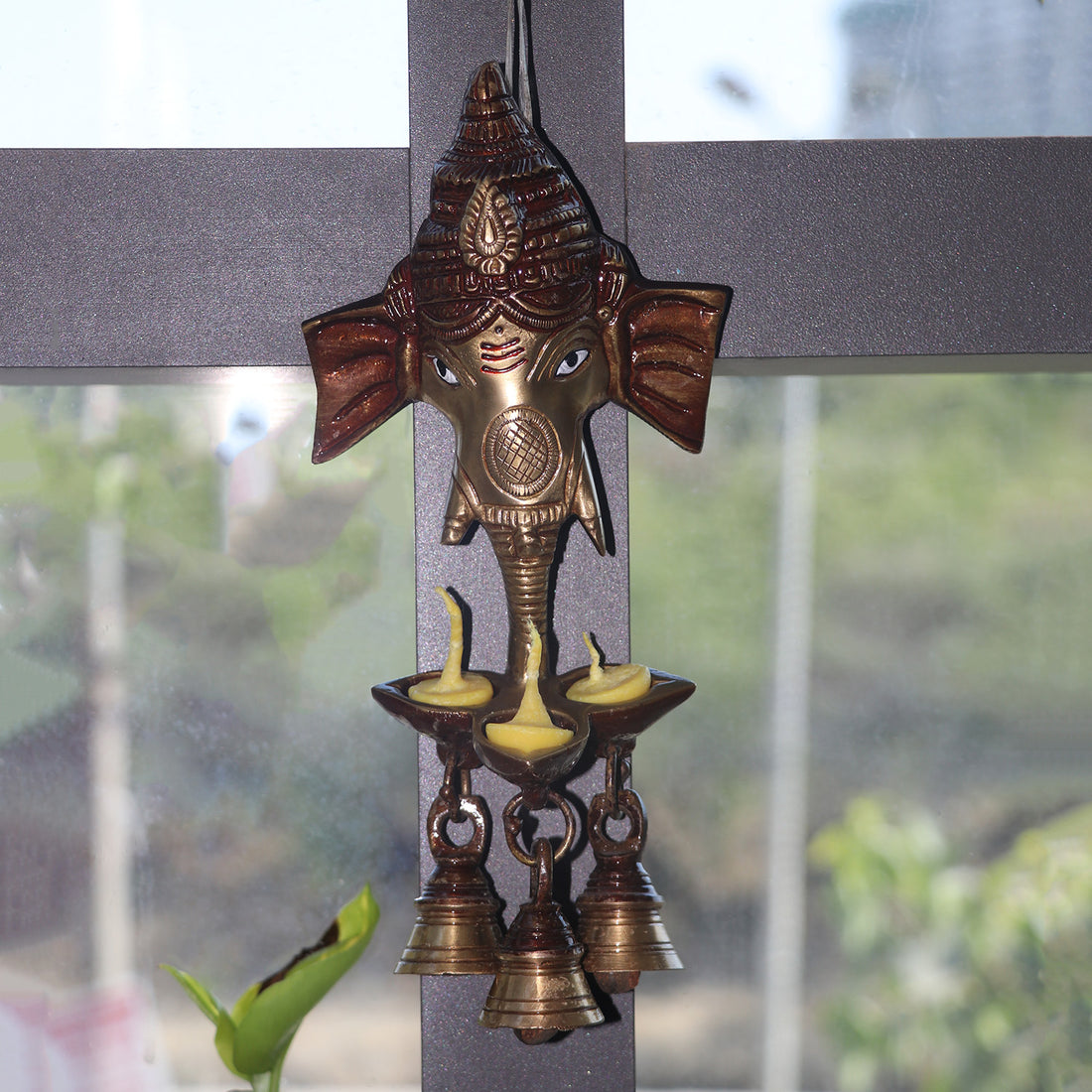 8.8 Inch Brass Ganesh With Bell And Diya Wall Hanging