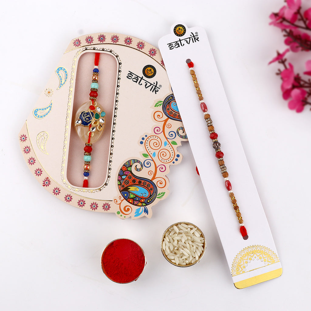 Browse our exclusive collection of Rakhi online 2023. Choose a stunning Rakhi set of 2 for your beloved brother, bhaiya, or bhai. Discover designer Rakhi and beautiful Rakhi options. Send Rakhi and Rakhi combos abroad with ease. Explore Indian Rakhi and find the perfect Rakhi gift at SatvikStore.in."