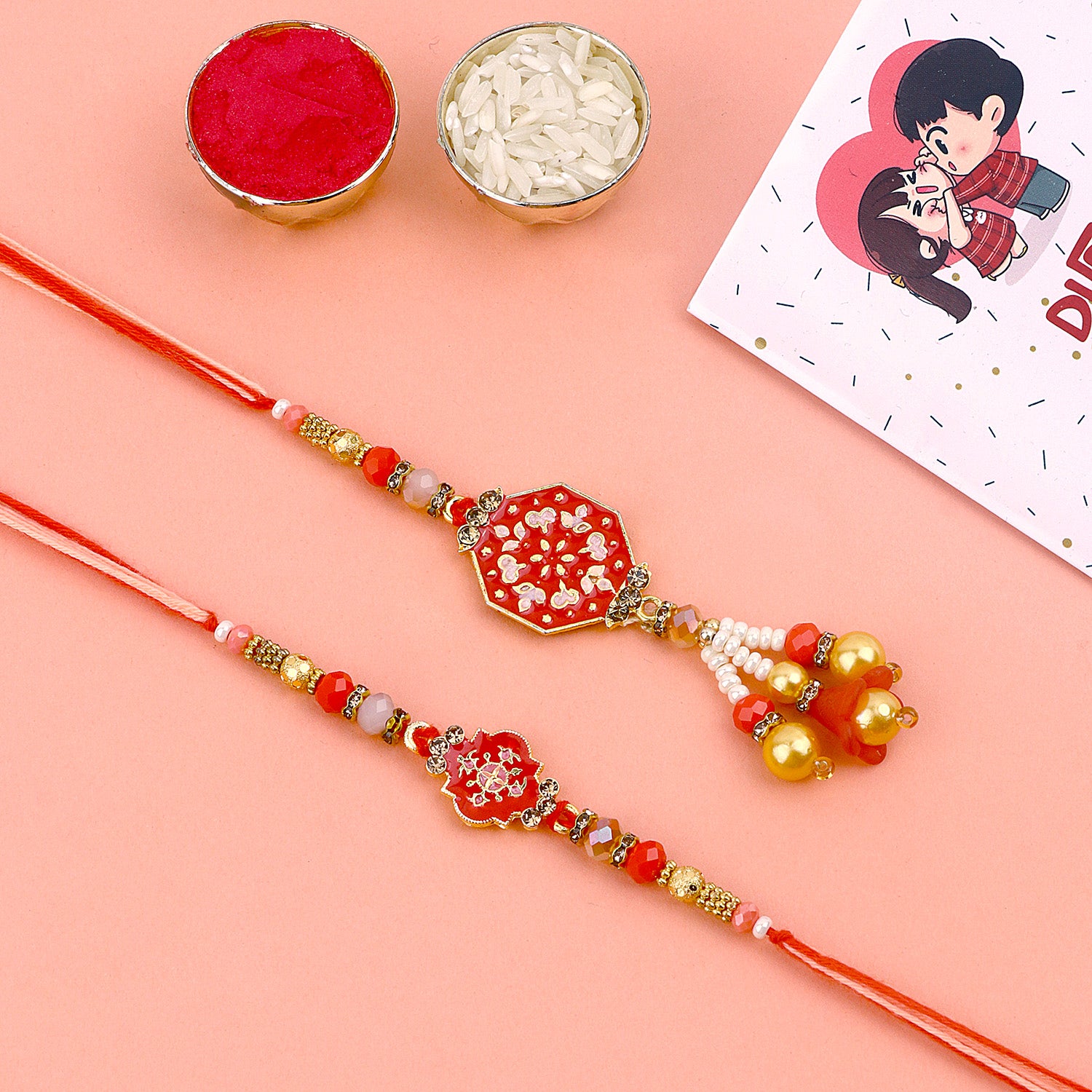 Richly Designed Beaded Bhaiya Bhabhi Rakhi Set - Main Image