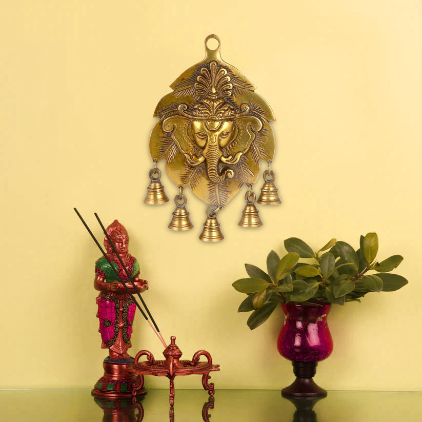 9 Inch Brass Decorative Ganesh Wall Hanging (Leaf Shape)