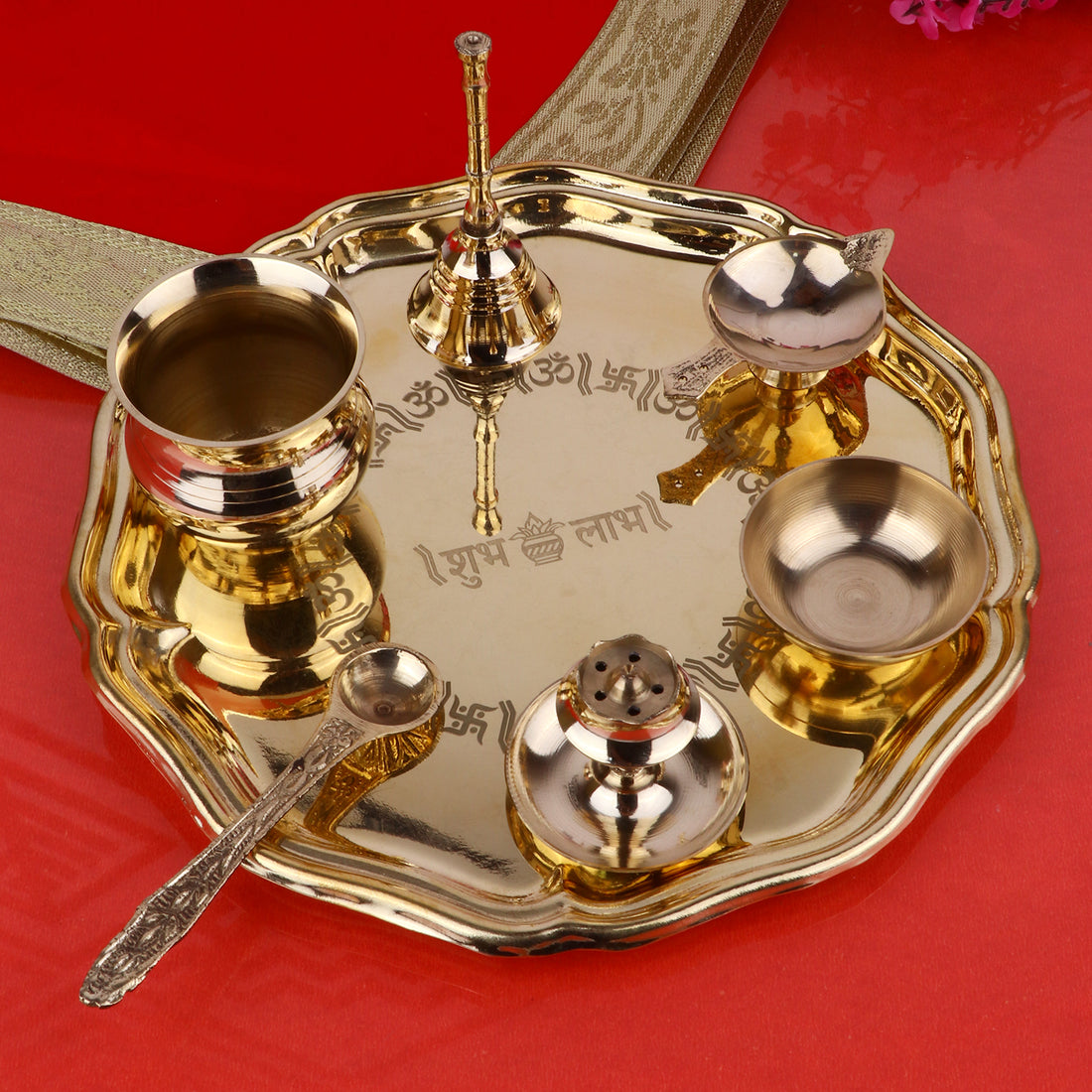 7 Piece Brass Shubh Labh Pooja Thali Set (8 Inch) Design 8