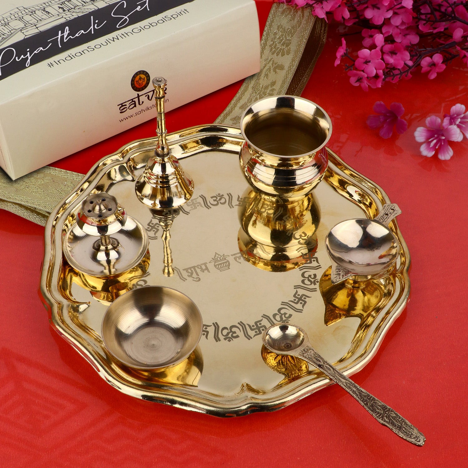 7 Piece Brass Shubh Labh Pooja Thali Set (8 Inch) Design 8