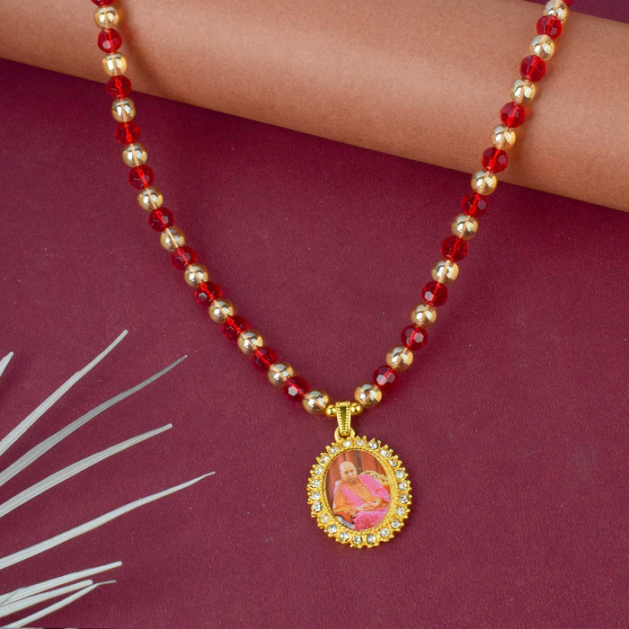 Jai Guruji Swaroop Mala with golden and assorted colored beads (brown, red, pink, green, orange), perfect for pooja, meditation, and gifting. India’s Largest Pooja Accessories Brand – www.satvikstore.in
