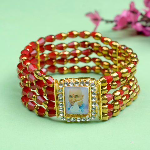 Jai Guruji Swaroop Pearl Bracelet with Crystal Red Beads for Devotional Wear and Spiritual Blessings. India’s Largest Pooja Accessories Brand – www.satvikstore.in
