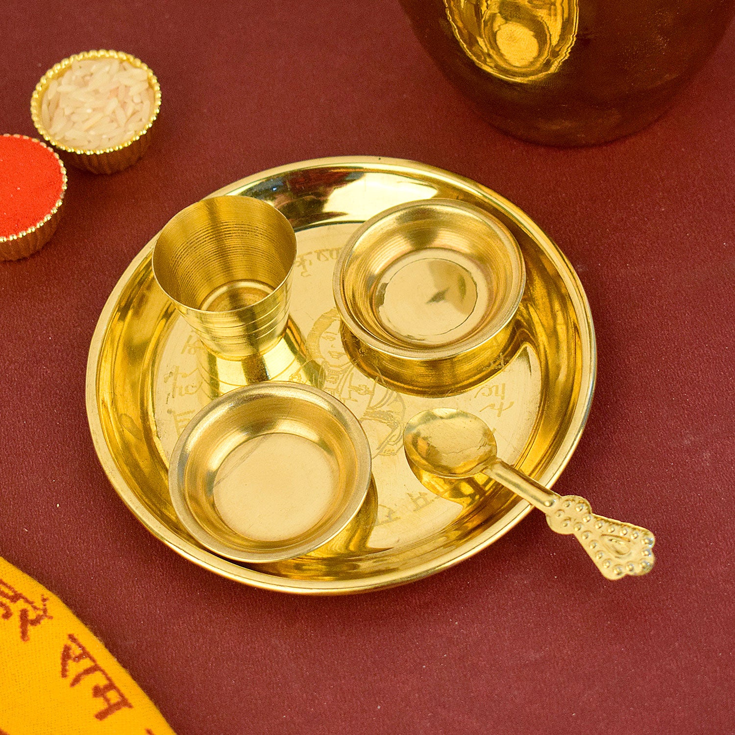 Large 4.5–5 inch Ladoo Gopal Bhog Thali Set with embossed Kanha design, perfect for Krishna bhog and pooja rituals India’s Largest Pooja Accessories Brand – www.satvikstore.in

