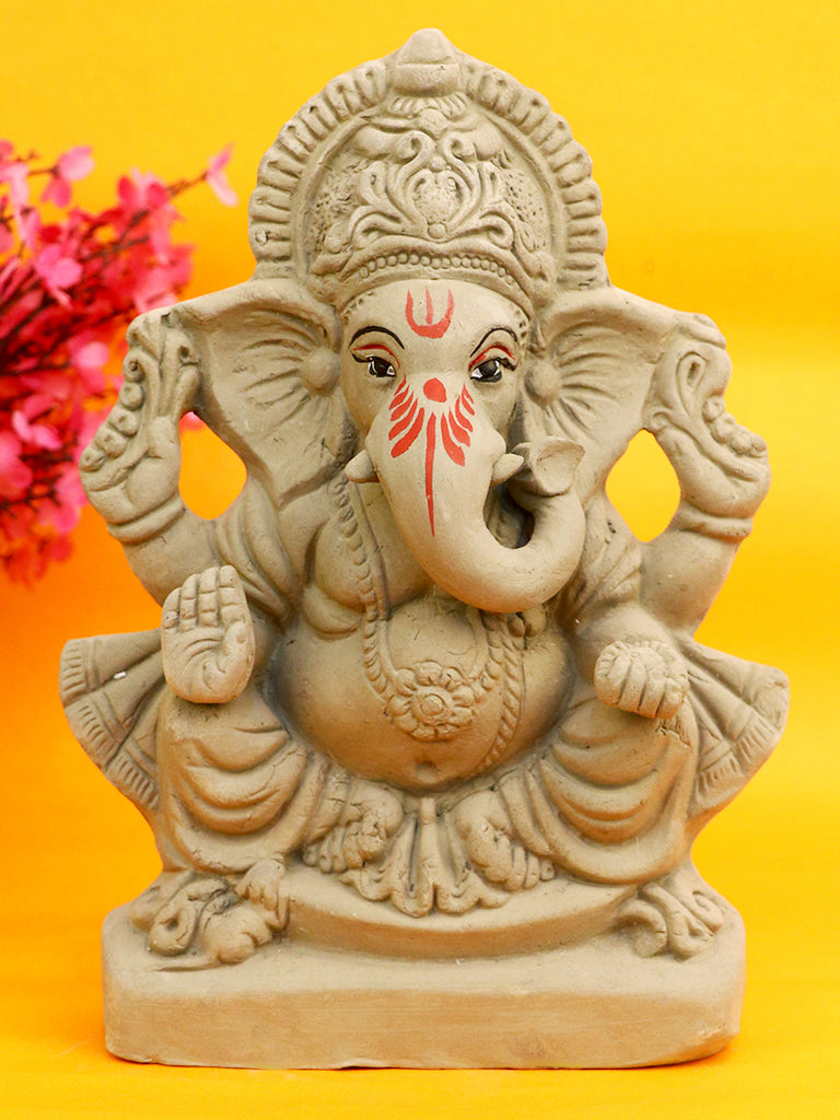 8.5 Inch Lal Bagh Ka Raja eco-friendly Ganesha idol made from natural shadu mati, ideal for Ganesh Chaturthi celebrations and visarjan. India’s Largest Pooja Accessories Brand – www.satvikstore.in