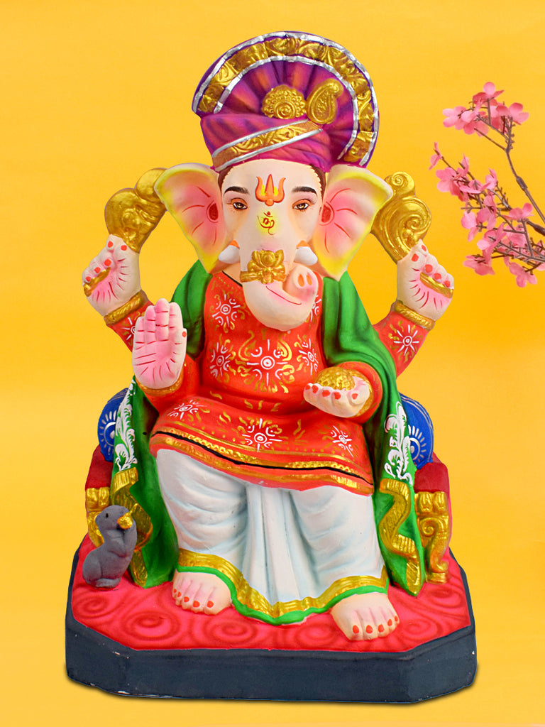 Grand 17-inch Lalbaugcha Raja eco-friendly Ganesha idol made of natural shadu mati, beautifully detailed in traditional Maharashtrian style for Ganesh Chaturthi 2025. India’s Largest Pooja Accessories Brand – www.satvikstore.in

