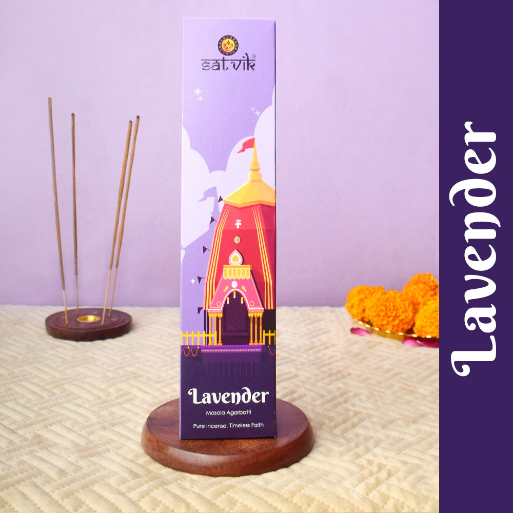 Lavender Pure Masala Incense Sticks box for relaxation, aromatherapy, and meditation. India’s Largest Pooja Accessories Brand - www.satvikstore.in