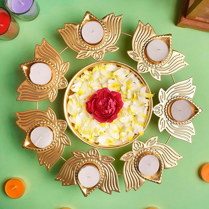 Lotus Petals Shape Metal Urli with Tea Light – Beautifully crafted metal urli in the shape of lotus petals, complete with a tea light holder for elegant and spiritual home decor. India’s Largest Pooja Accessories Brand – www.satvikstore.in