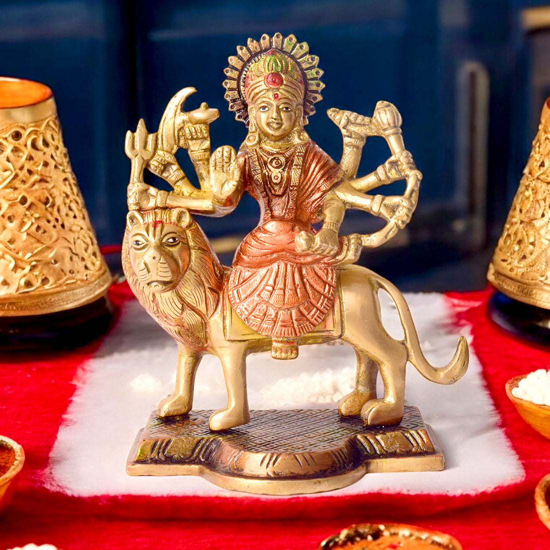 3.4 Inch Majestic Brass Sherawali Mata Idol – Finely Detailed Durga Statue for Puja Room, Home Temple, and Festive Decor. No.1 Brass Idol Store www.satvikstore.in 