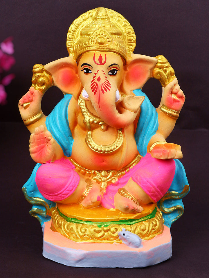 8.2-inch Muktidaya eco-friendly Ganesha idol made from natural clay, hand-painted in festive colors and ideal for Ganesh Chaturthi 2025 celebrations. India’s Largest Pooja Accessories Brand – www.satvikstore.in