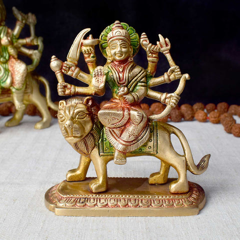 4.3 Inch Multicolor Maa Durga Statue with vibrant colors and intricate details, symbolizing strength, victory, and divine power – perfect for Navratri celebrations and festive décor. No.1 Brass Idol Store www.satvikstore.in 