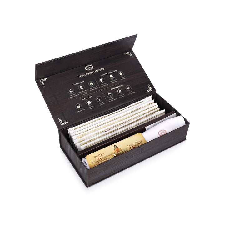 A box of Mysuru to the World incense with a variety of incense sticks and an elephant-shaped ash catcher, all displayed in an elegant black packaging with gold accents.