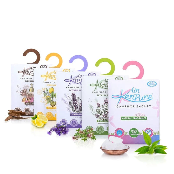Camphor Sachet Combo Oudh, Citrus, Lavender, Thyme & Pure Camphor Diffuser