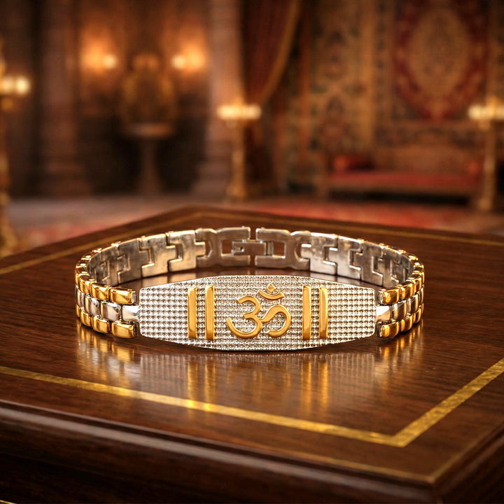 Om gold and silver plated bracelet with premium IGP coating featuring sacred Om symbol – adjustable dual-tone spiritual bracelet. India’s Largest Pooja Accessories Brand - www.satvikstore.in