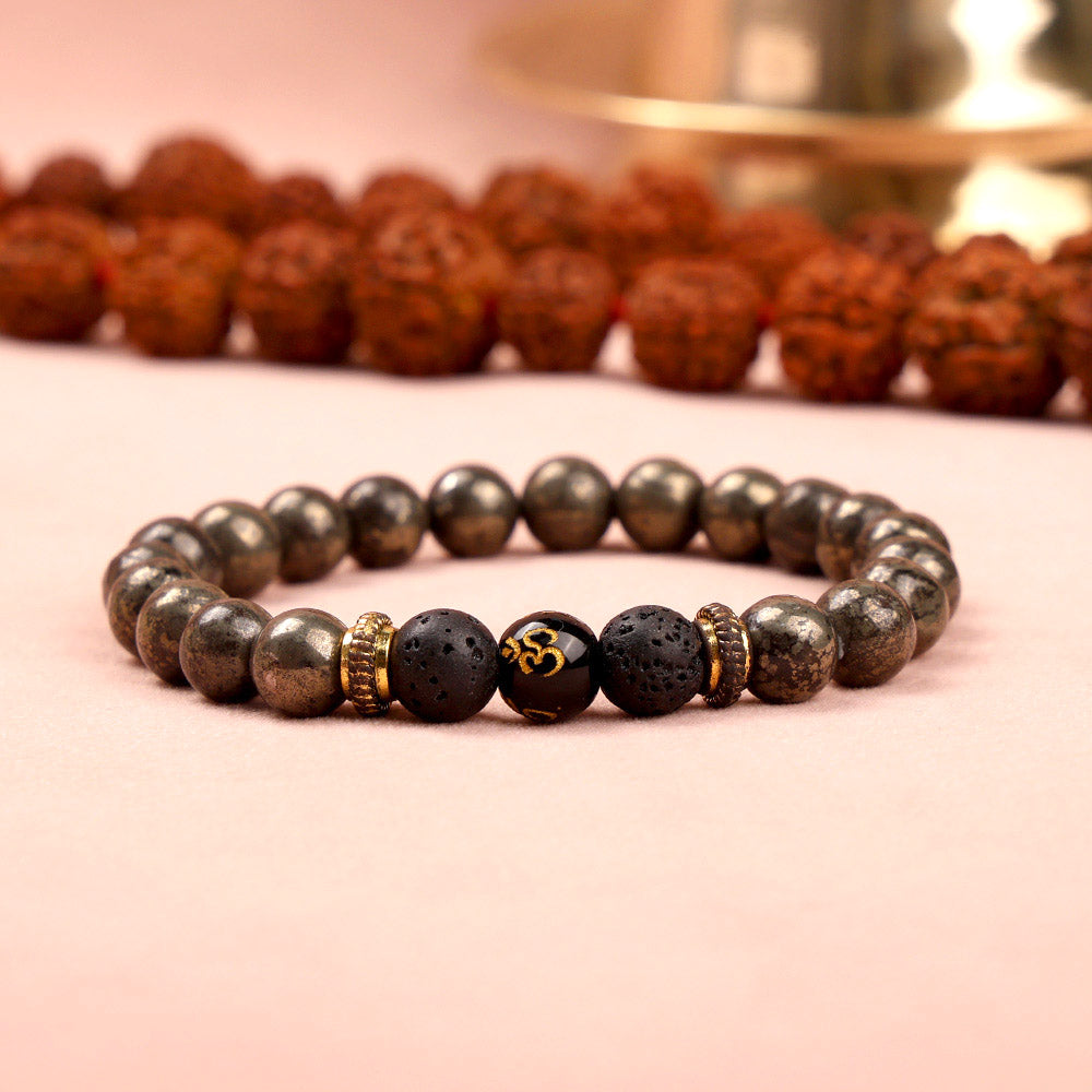 7 Horses Pyrite Frame & Pyrite Lava Om Bracelet Combo