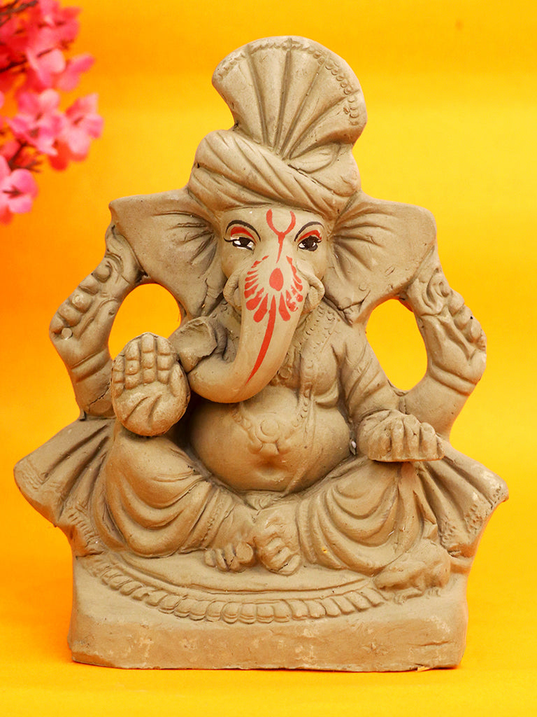 6.5 Inch Pagdi Eco-Friendly Ganesha Idol made from Shadu Mati, featuring Lord Ganesha adorned with a traditional turban. India’s Largest Pooja Accessories Brand – www.satvikstore.in