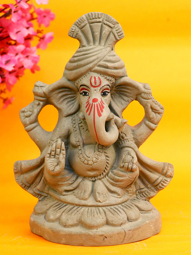 6.5 Inch Pagdi Wale Eco-Friendly Ganesha Idol made of Shadu Mati, depicting Lord Ganesha with a traditional turban and serene expression India’s Largest Pooja Accessories Brand – www.satvikstore.in