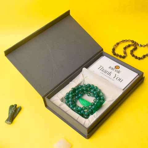 Premium Hakik Jap Mala with Green Aventurine Beads – A Spiritual Meditation Mala for Luck, Prosperity, and Heart Chakra Healing. India’s Premium Hakik Jap Mala Store - www.satvikstore.in
