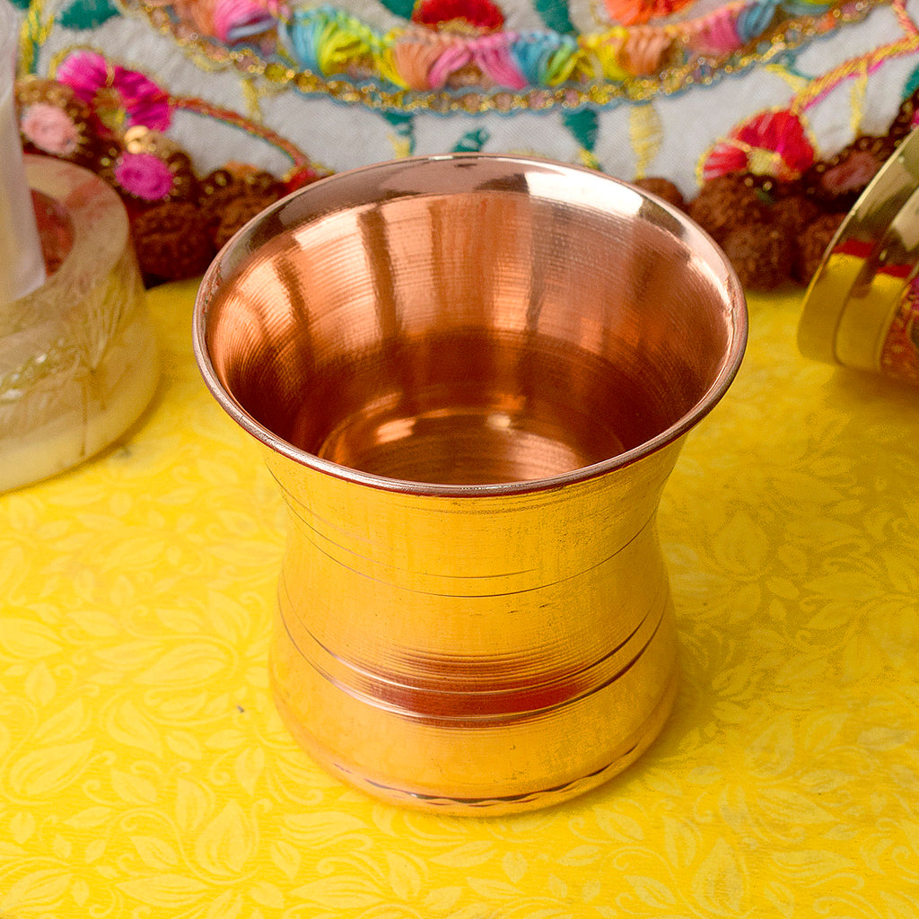 Premium Pure Copper Panch Patra Puja Glass and Spoon (Small) set, designed for sacred rituals and poojas, made with high-quality copper to enhance your spiritual practices – India’s Largest Pooja Accessories Brand – www.satvikstore.in