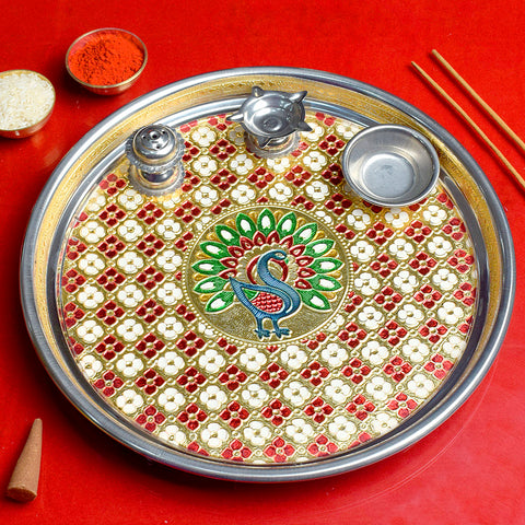 Printed stainless steel aarti thali ensemble featuring traditional spiritual motifs, ideal for pooja rituals and festive offerings India’s Largest Pooja Accessories Brand – www.satvikstore.in