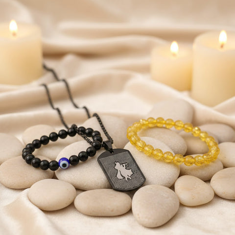 Citrine Bracelet, Black Obsidian Evil Eye Bracelet and Hare Krishna Hare Rama micro-carved pendant combo displayed in a spiritual lifestyle setting, symbolizing protection, positivity and divine energy. India’s Largest Puja Accessories Brand- www.satvikstore.in