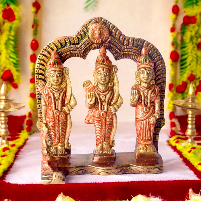 5.4 Inch elegant brass Ram Darbar Murti featuring Lord Ram, Goddess Sita, Lord Lakshman, and Lord Hanuman, ideal for worship and home decor. No.1 Brass Idol Store www.satvikstore.in 