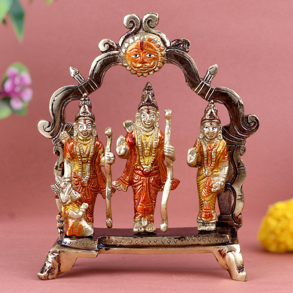 6.4 Inch Beauteous Brass Ram Darbar Idol featuring Lord Ram, Sita, Lakshman, and Hanuman in a divine and regal posture, perfect for home temple or gifting. No.1 Brass Idol Store www.satvikstore.in 