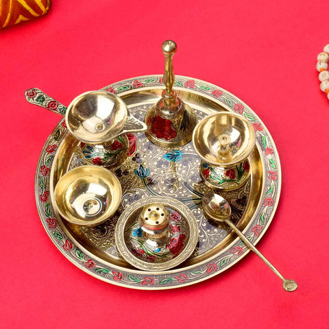 Ravishing 7 Pc Brass Puja Thali Set with Premium Velvet Box (8 Inch)
