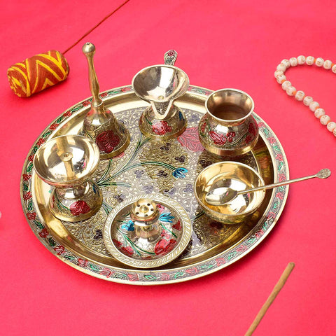 Ravishing 8 Pc Brass Puja Thali Set with Premium Velvet Box (10 Inch)