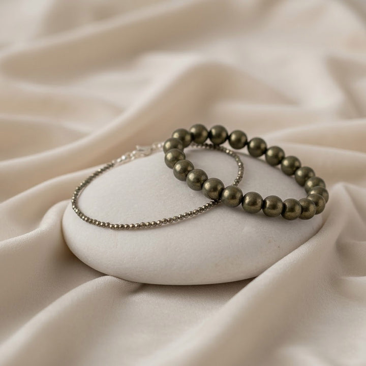 raw pyrite bracelet and raw pyrite anklet wealth abundance healing stone combo. India’s Largest Puja Accessories Brand- www.satvikstore.in