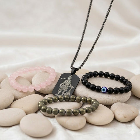 raw pyrite bracelet rose quartz bracelet black obsidian evil eye bracelet hanuman chalisa pendant protection love combo. India’s Largest Puja Accessories Brand- www.satvikstore.in