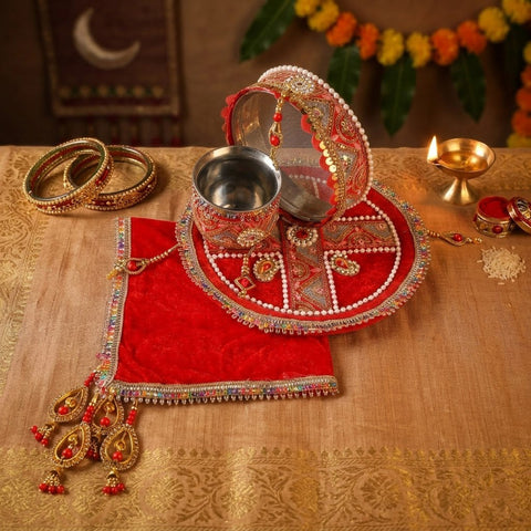 Red Embroidery Karwa Chauth Thali Set | Satvikstore.in