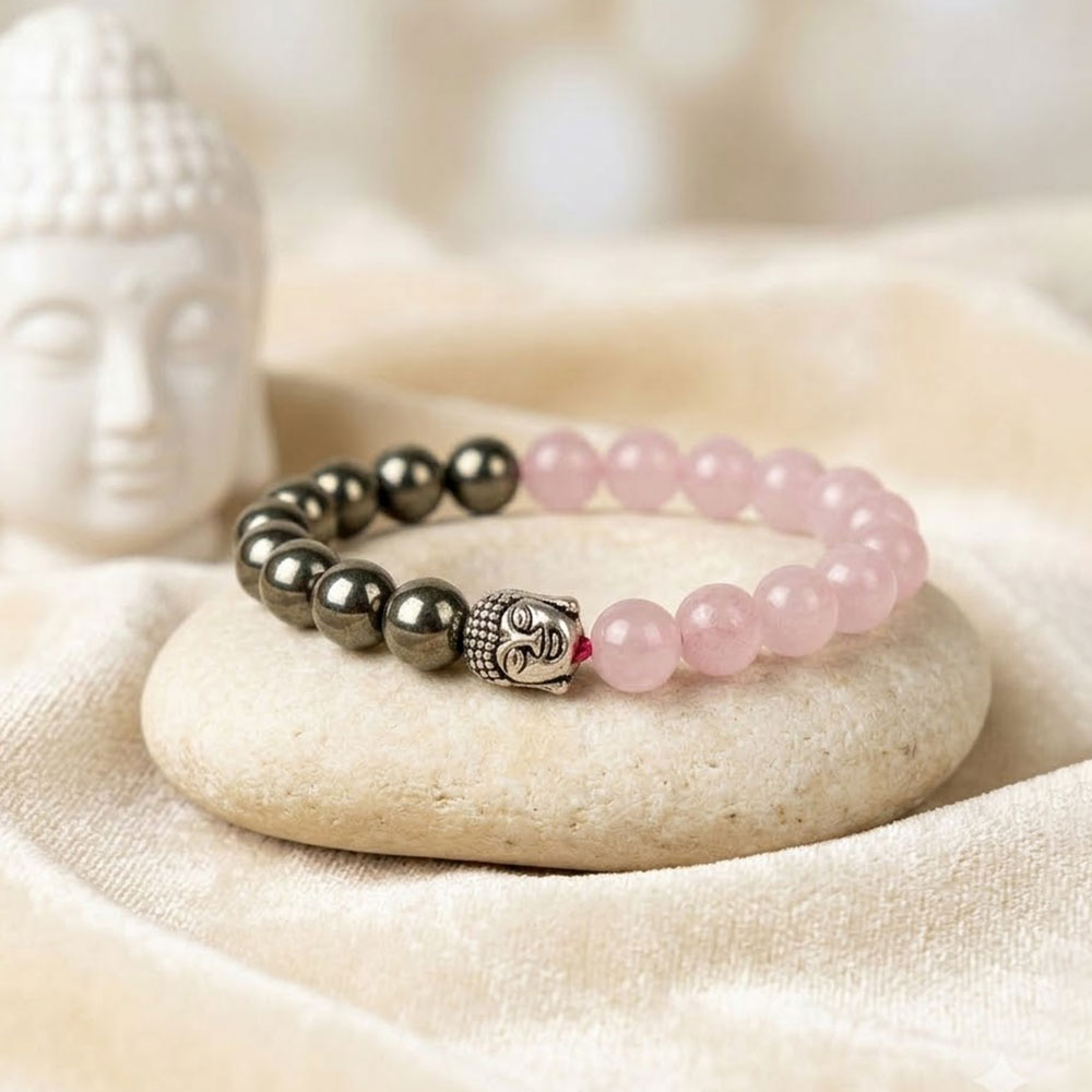 Rose quartz and golden pyrite healing stone bracelet with pink and metallic gold 8mm beads. India’s Largest Pooja Accessories Brand - www.satvikstore.in