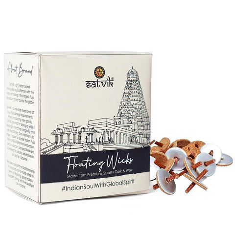SATVIK 100 Pc Round Floating Wicks for Oil Cups with Cork Disc Holders, ideal for long-lasting, clean-burning illumination in oil lamps during pooja and spiritual rituals. Eco-friendly and handmade. India’s Largest Pooja Accessories Brand – www.satvikstore.in