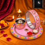 Artisanal Pink Fabric Karwa Chauth Thali 3 Pcs Set
