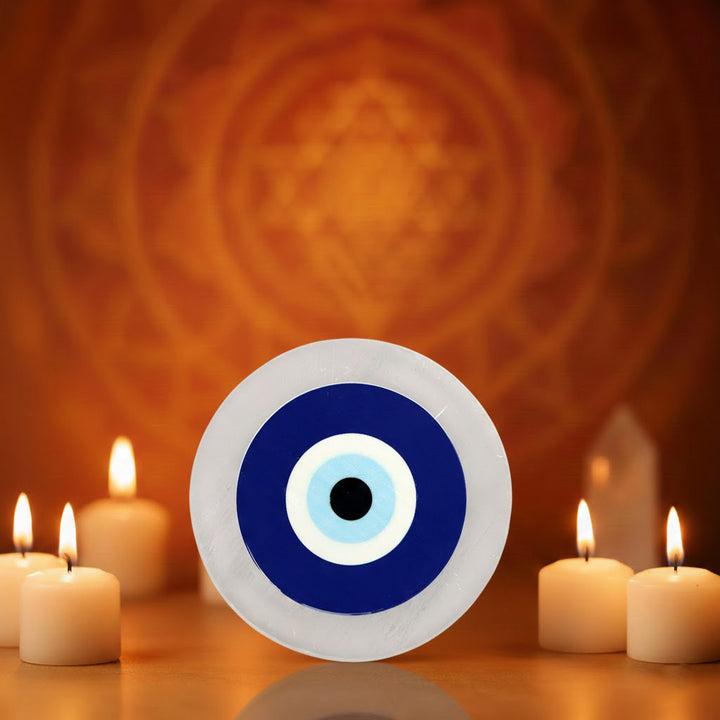 Natural salenite plate with evil eye engraving for energy cleansing. India’s Largest Puja Accessories Brand- www.satvikstore.in