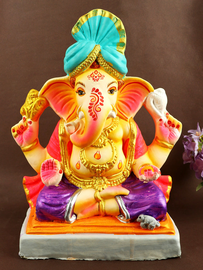 13.4-inch Sarvatman eco-friendly Ganesha idol with intricate pagdi, crafted with natural materials, embodying Lord Ganesha's majestic form, ideal for home and temple décor. India’s Largest Pooja Accessories Brand – www.satvikstore.in