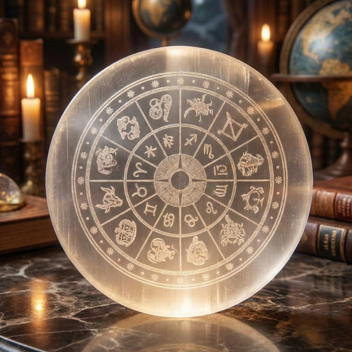 Selenite crystal recharging plate with zodiac sign engraving for crystal cleansing. India’s Largest Puja Accessories Brand- www.satvikstore.in