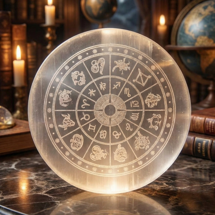 Selenite crystal recharging plate with zodiac sign engraving for crystal cleansing. India’s Largest Puja Accessories Brand- www.satvikstore.in