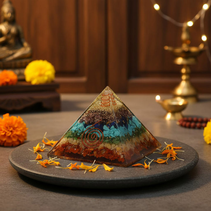 Seven chakra crystal pyramid for chakra balancing and spiritual healing. India’s Largest Puja Accessories Brand- www.satvikstore.in