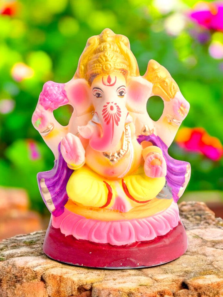 6.5 Inch Shayana Ganesha Eco-Friendly Idol with Purple Patka, handcrafted from natural clay for a sustainable and devotional Ganesh Chaturthi celebration. India’s Largest Pooja Accessories Brand – www.satvikstore.in