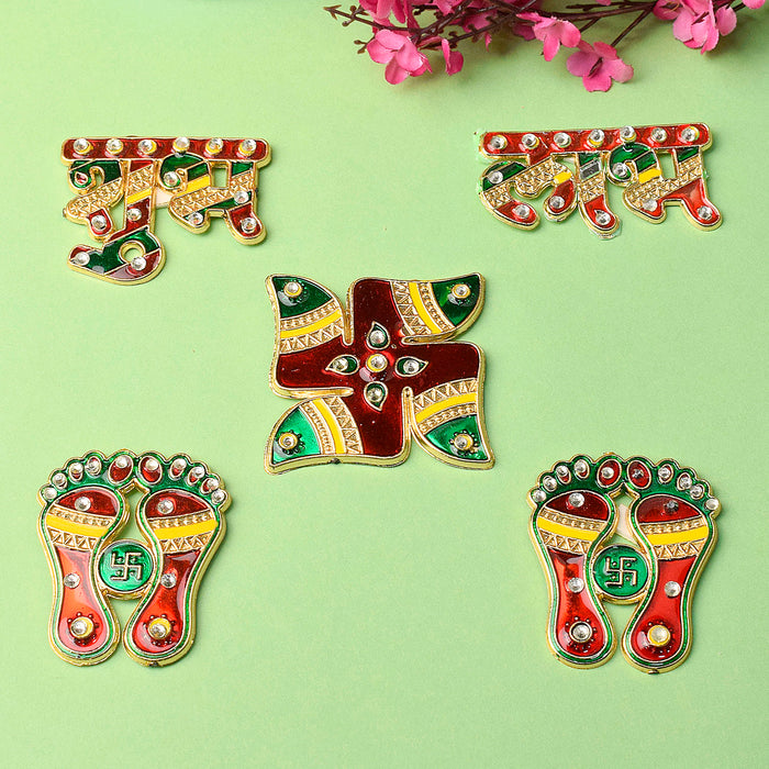 Shubh Labh and Swastik sticker set in vibrant red and gold, designed for auspicious decoration of home entrances, pooja rooms, and festive spaces. India’s Largest Pooja Accessories Brand – www.satvikstore.in 