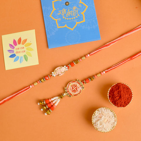 Designer Couple Rakhi Set for Bhaiya and Bhabhi with Roli Chawal and Ram Sita Stickers – Raksha Bandhan Gift Combo. India’s Largest Brass Idols Brand - www.satvikstore.in