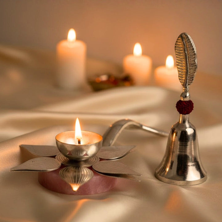 Silver Lotus Diya with Bell Silver Plated Pooja Lamp for Religious Ceremonies and Home Worship India’s Largest Puja Accessories Brand- www.satvikstore.in