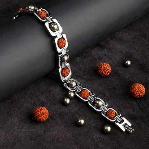 Silver Plated Pyrite & Rudraksha Bracelet Unisex Spiritual Wear