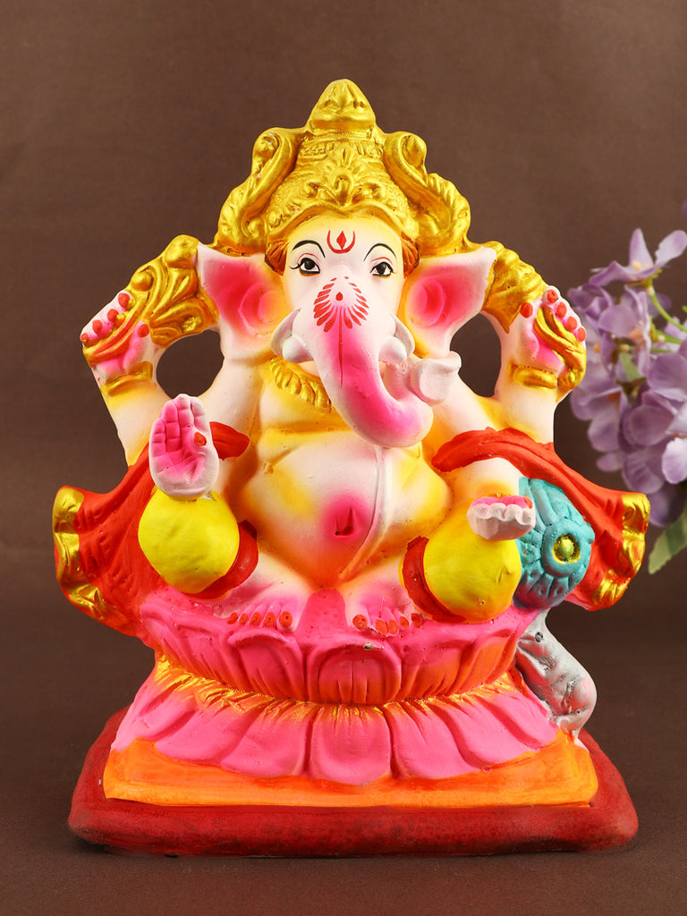 8.6-inch Skandapurvaja Ganesha idol wearing a vibrant pagdi, handcrafted from eco-friendly shadu mati for Ganesh Chaturthi celebrations. India’s Largest Pooja Accessories Brand – www.satvikstore.in