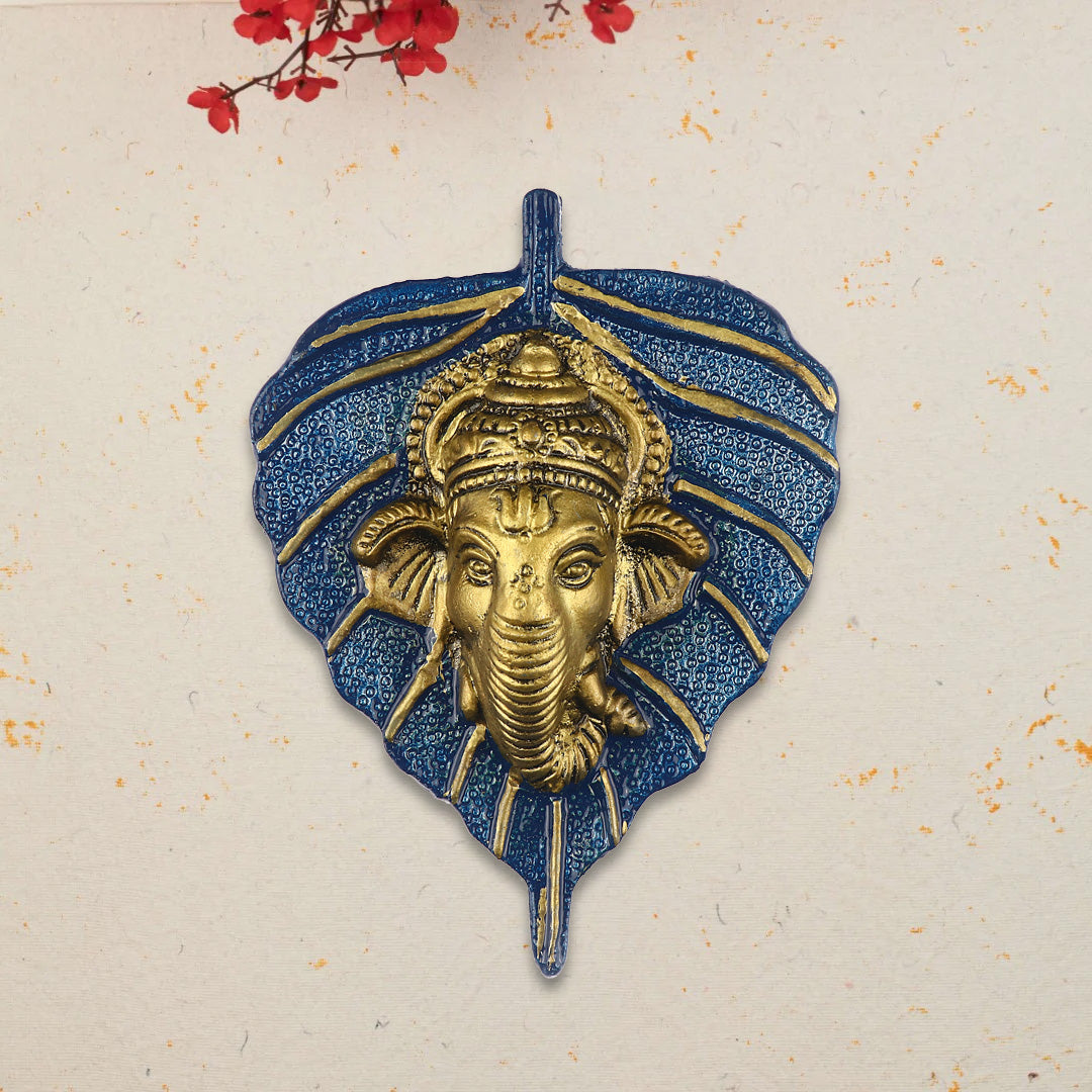 1 Pc Lord Ganesh Face on Leaf Patta Wall Hanging White
